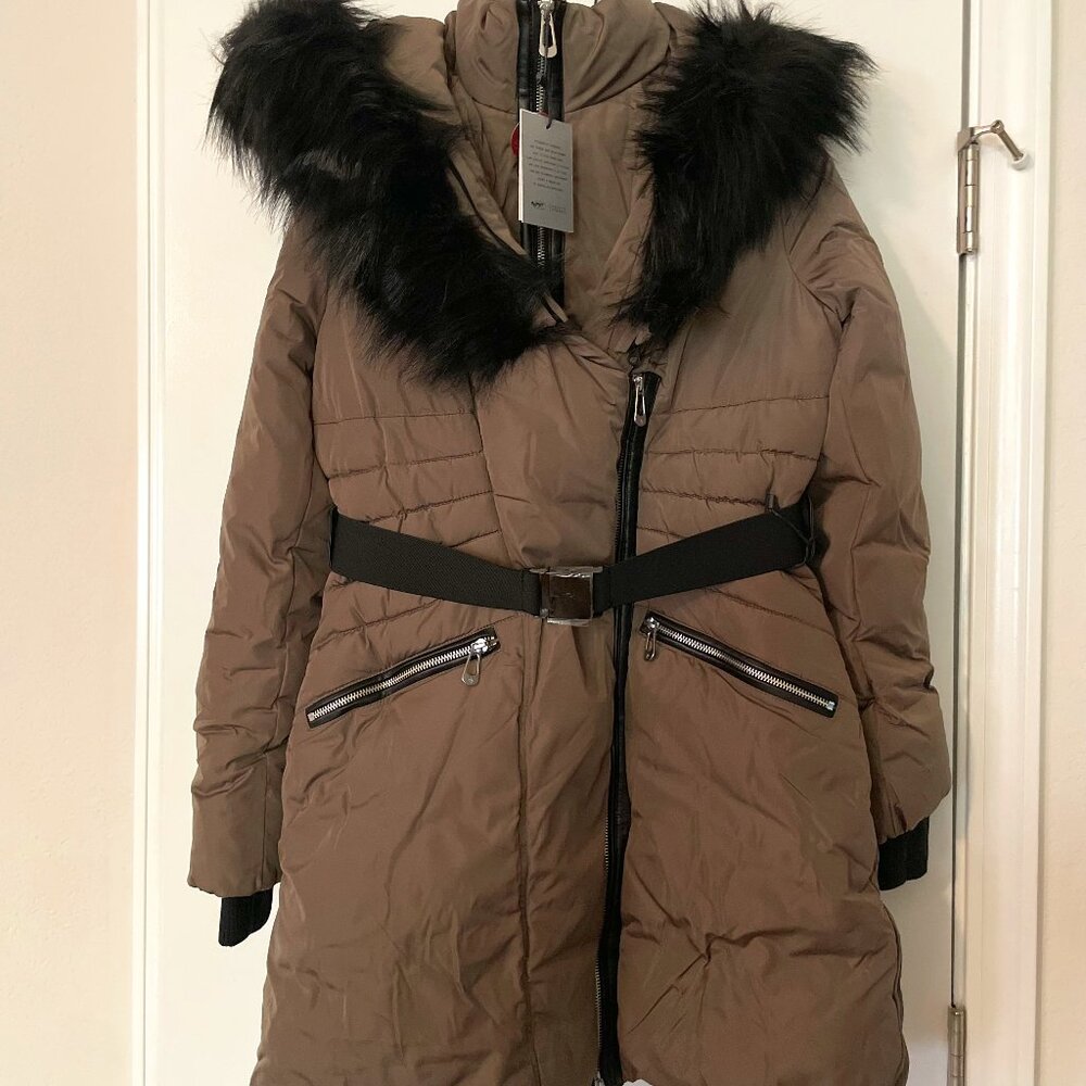 Noize Geneva Faux Fur Trim Parka Jacket (Taupe)